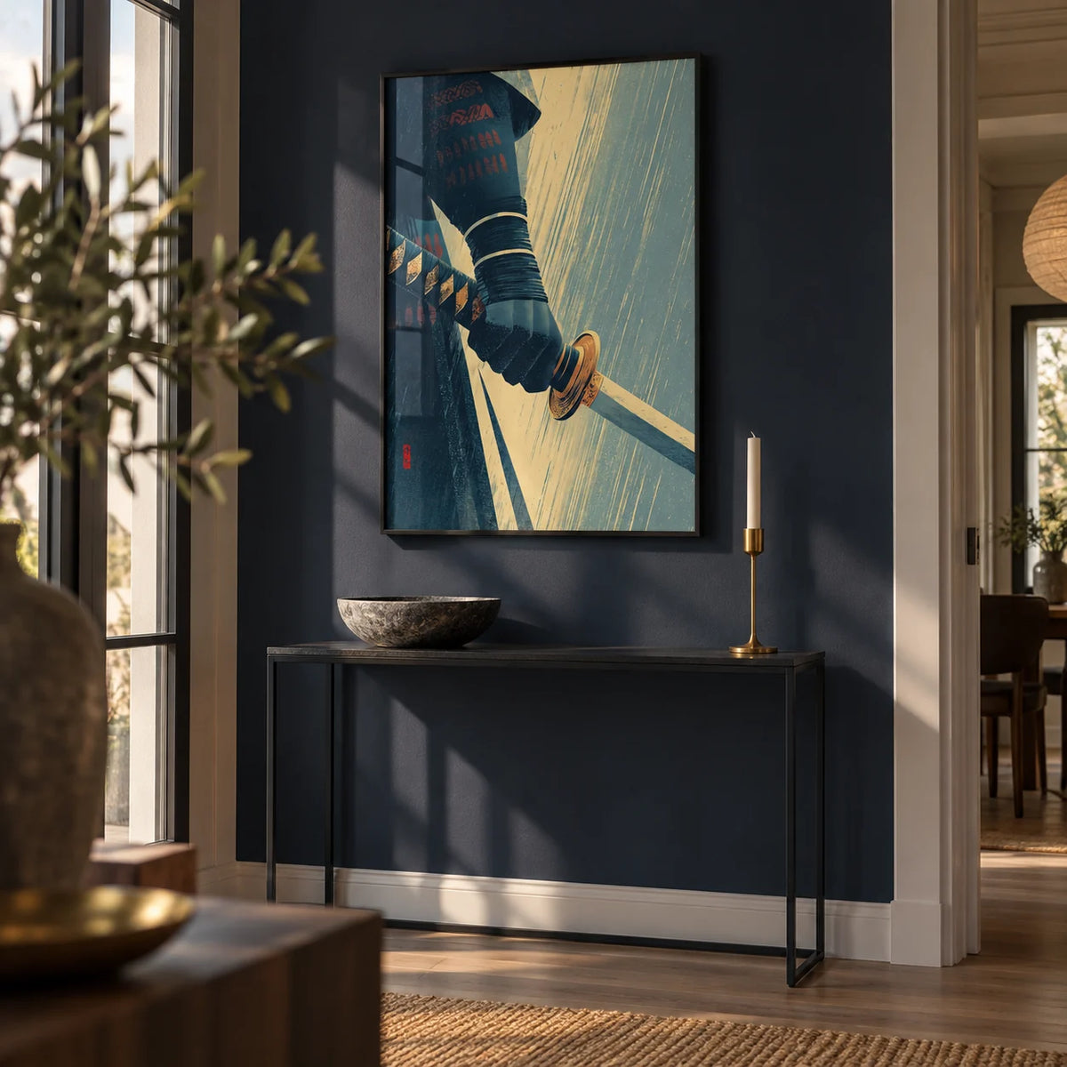 Katana Wall Art, framed on the wall of a modern hallway with a dark navy wall