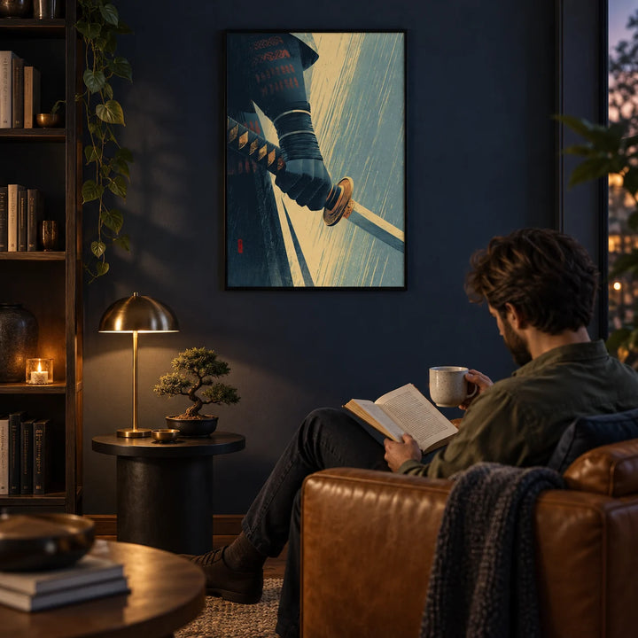 Katana Wall Art, framed on the wall of a moody modern living room with a deep navy painted wall
