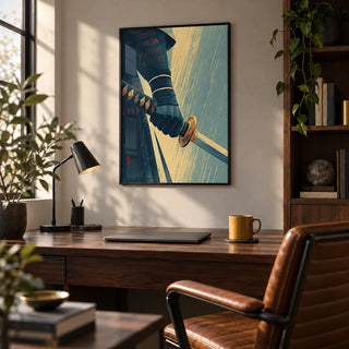 Katana Wall Art, framed on the wall of a sleek home office