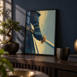 Katana Wall Art, a small A4 framed print leaning on a dark wood shelf in a living room