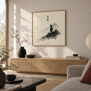 Samurai Wall Art, framed on the wall of a calm Japandi living room