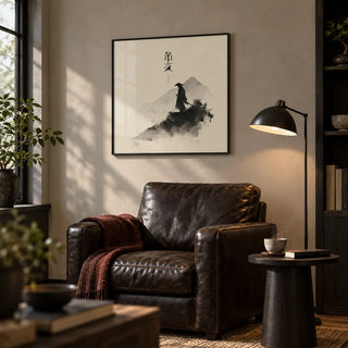 Samurai Wall Art, framed on the wall of a calm man cave den in a living room