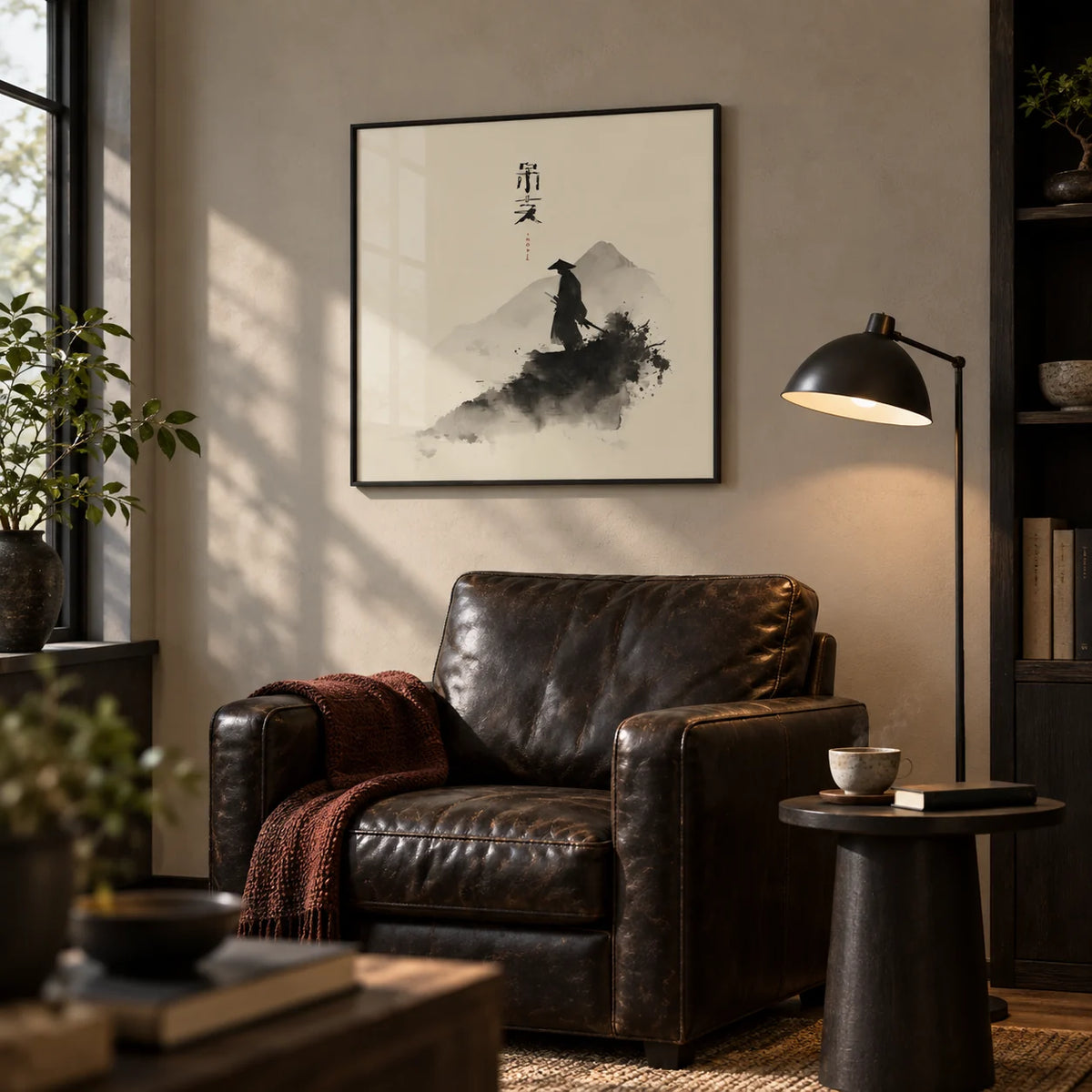 Samurai Wall Art, framed on the wall of a calm man cave den in a living room