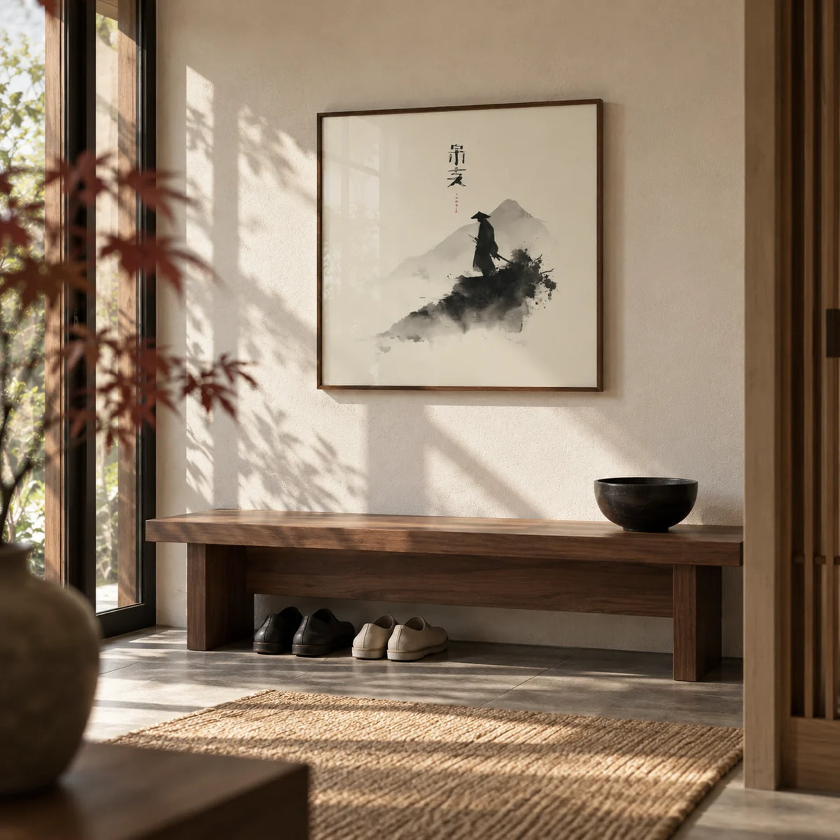 Samurai Wall Art, framed on the wall of a Japanese-style entryway