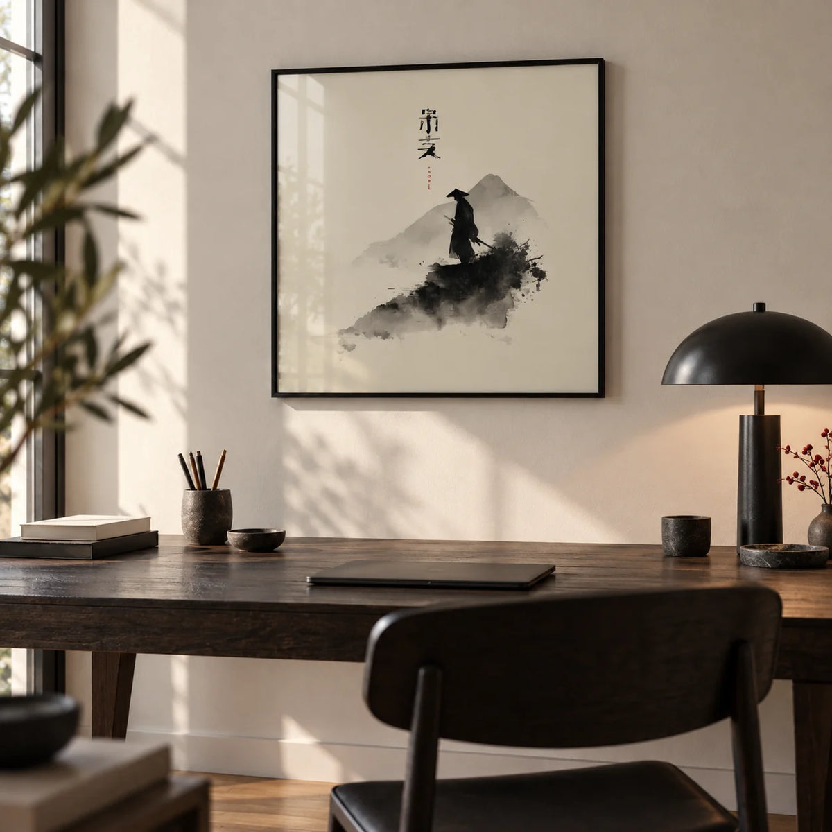Samurai Wall Art, framed on the wall of a minimal home office