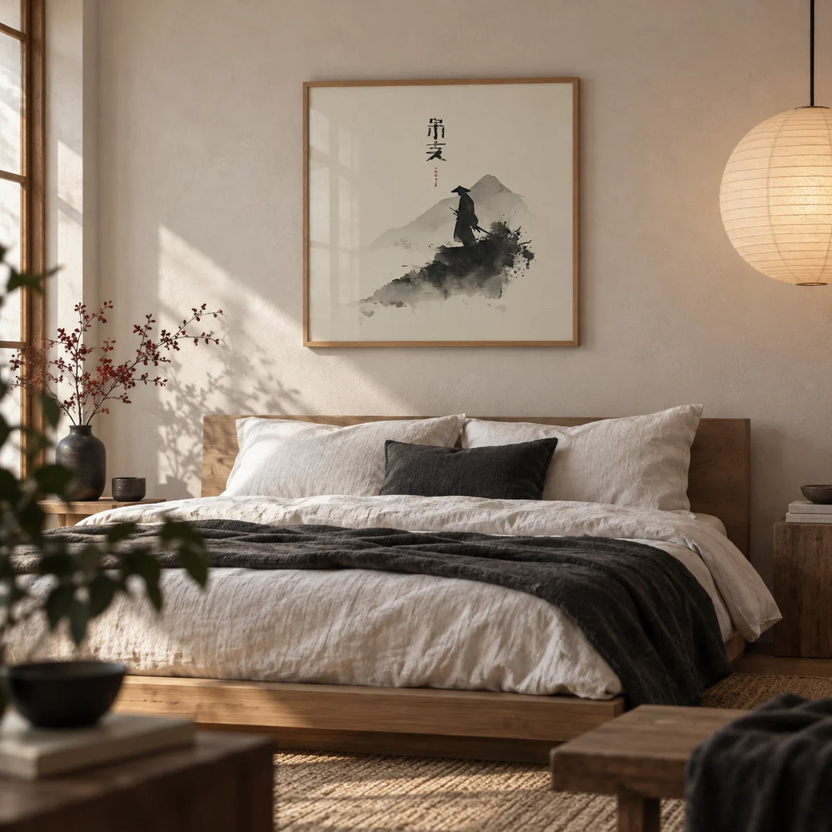Samurai Wall Art, framed on the wall of a serene Japandi bedroom