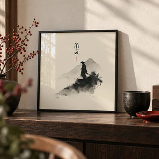 Samurai Wall Art, a small A4 framed print leaning on a dark wood shelf in a living room