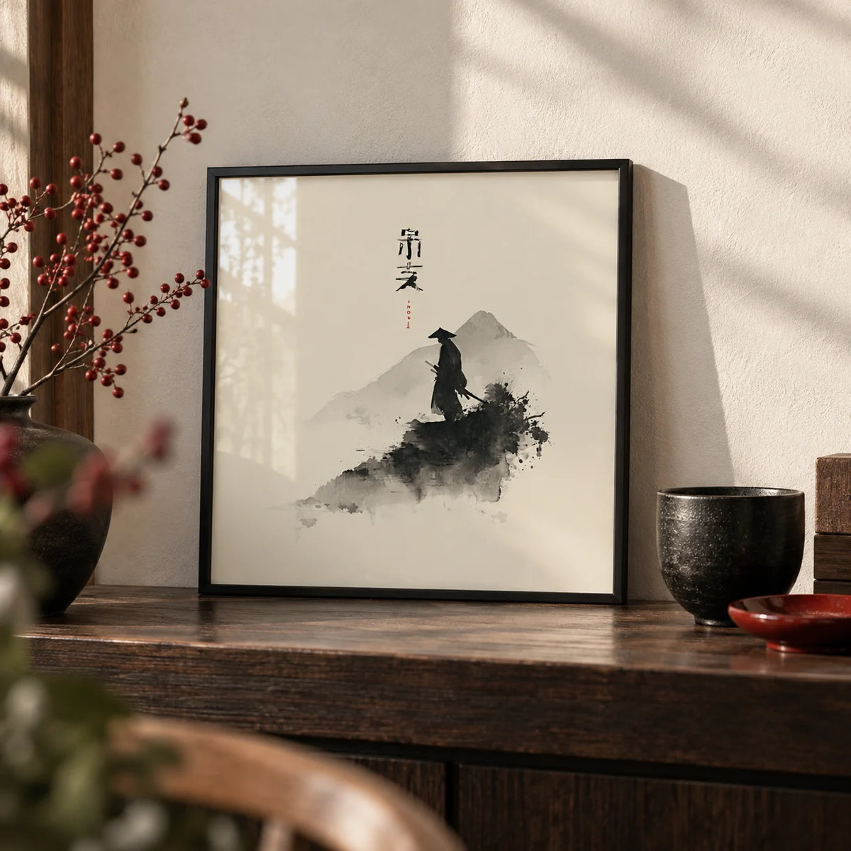 Samurai Wall Art, a small A4 framed print leaning on a dark wood shelf in a living room