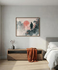 Modern bedroom with a bed, wooden side table, and samurai wall art.