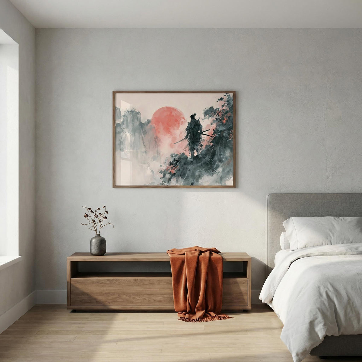 Modern bedroom with a bed, wooden side table, and samurai wall art.
