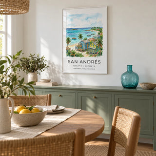 San Andres Art Print, framed on the wall of a compact dining room in a UK flat with soft white walls and a muted green painted sideboard