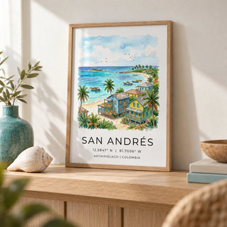 San Andres Art Print, a small A4 framed print leaning on a pale oak shelf in a living room