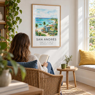 San Andres Art Print, framed on the wall of a small garden-facing reading room in a UK home with white walls and a pale timber floor in a living room