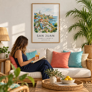 San Juan Art Print, framed on the wall of a bright Caribbean-style living room with a white plaster wall