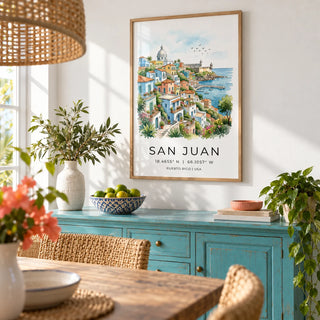 San Juan Art Print, framed on the wall of a bright dining room with a white wall