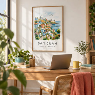 San Juan Art Print, framed on the wall of a bright home office with a white wall