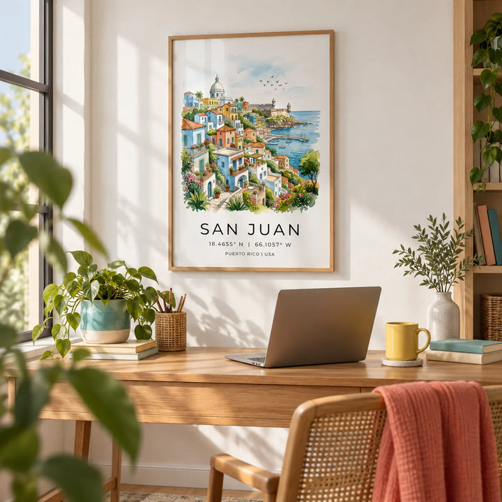 San Juan Art Print, framed on the wall of a bright home office with a white wall