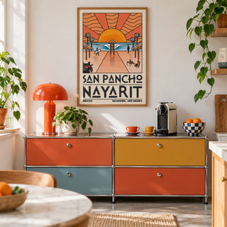 San Pancho Nayarit Print shown in a kitchen above a coffee station (frame not included)