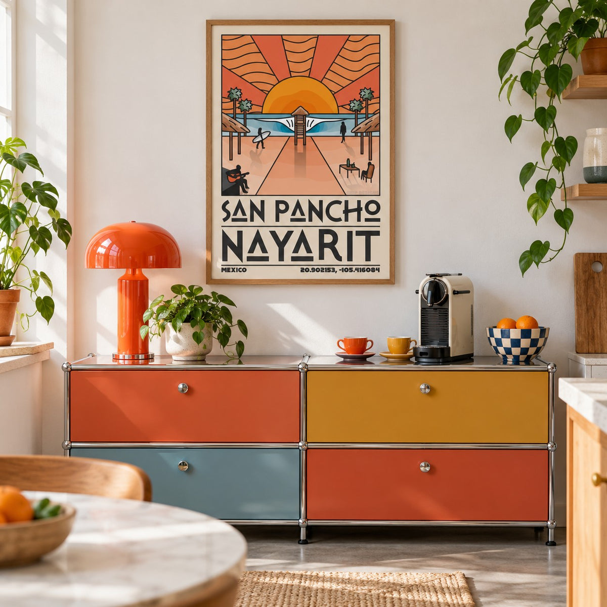San Pancho Nayarit Print shown in a kitchen above a coffee station (frame not included)