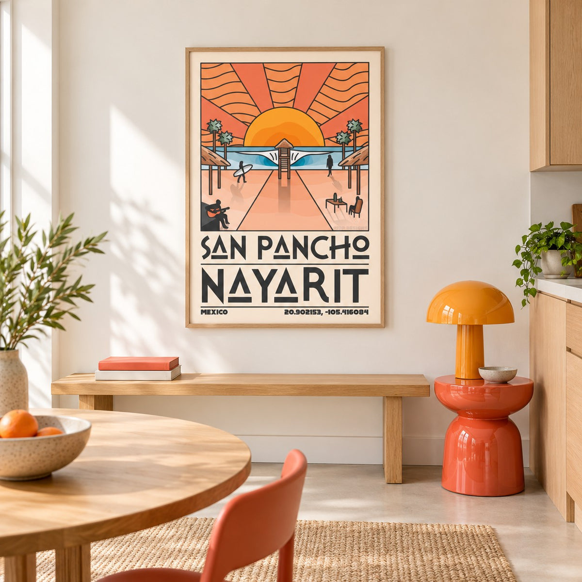 San Pancho Nayarit Print shown in a colourful minimalist room (frame not included)