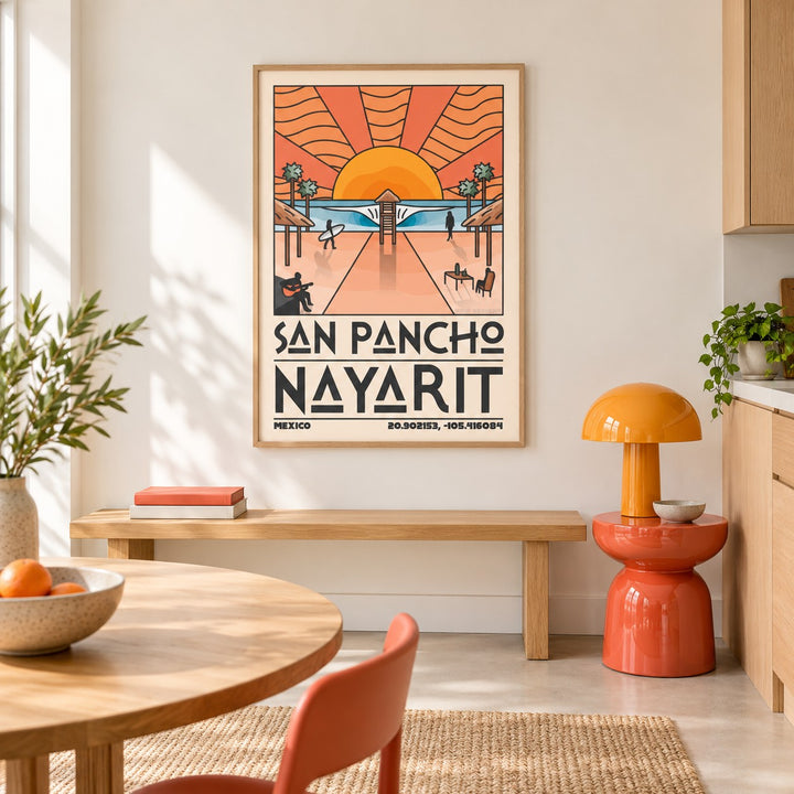 San Pancho Nayarit Print shown in a colourful minimalist room (frame not included)