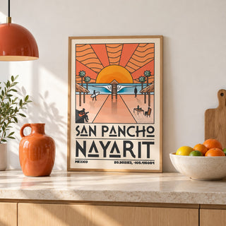 San Pancho Nayarit Print shown in a kitchen, leaning on the counter (frame not included)