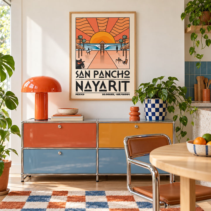 San Pancho Nayarit Print shown in a playful retro modern room (frame not included)
