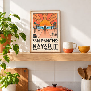 San Pancho Nayarit Print shown in the small A4 size on a kitchen shelf (frame not included)