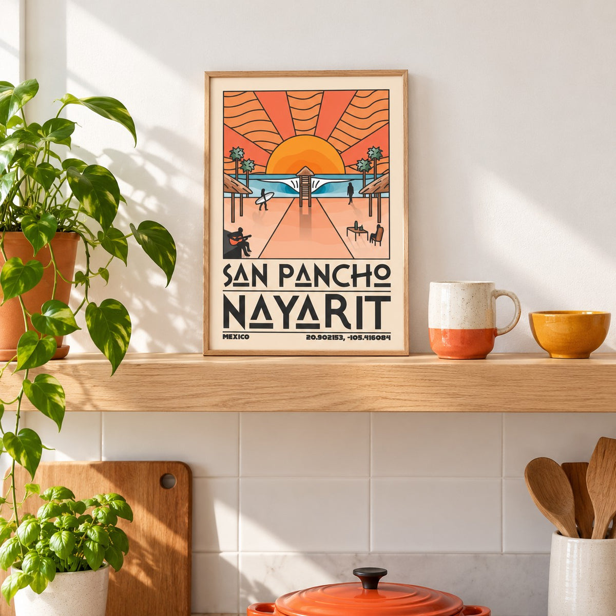 San Pancho Nayarit Print shown in the small A4 size on a kitchen shelf (frame not included)
