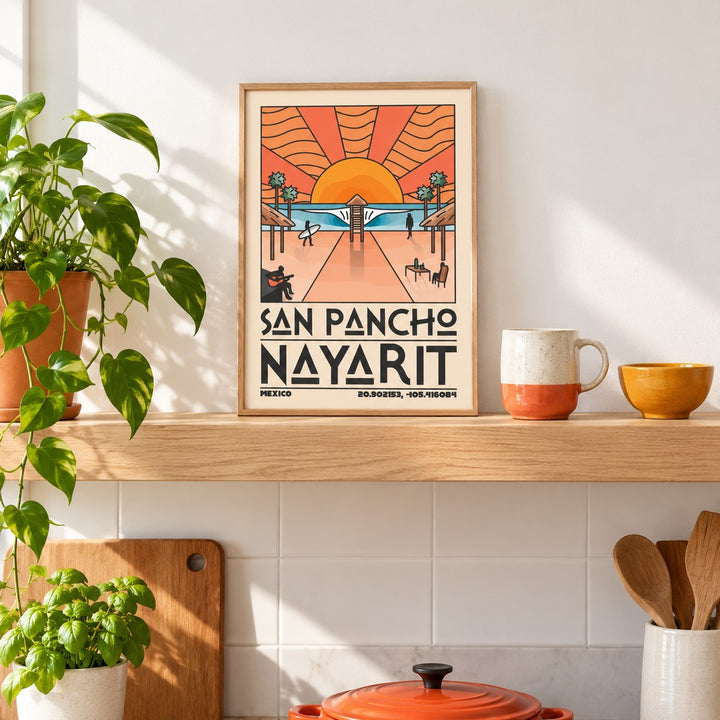 San Pancho Nayarit Print shown in the small A4 size on a kitchen shelf (frame not included)