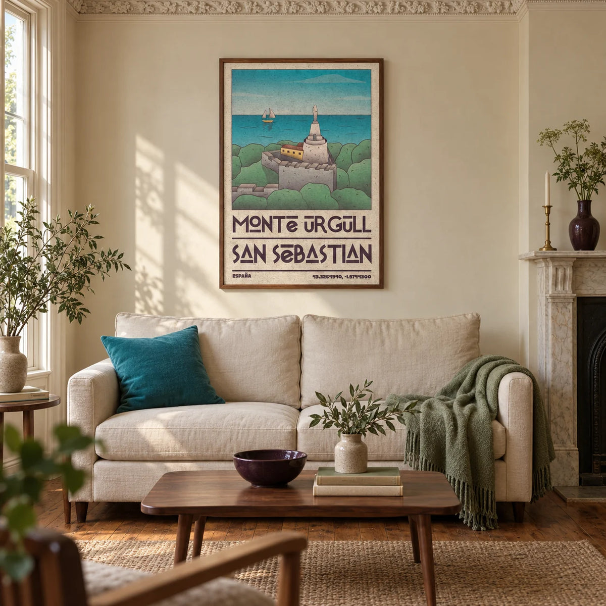 San Sebastian Art Print, framed on the wall of a characterful living room in a Victorian terrace with warm cream plaster walls