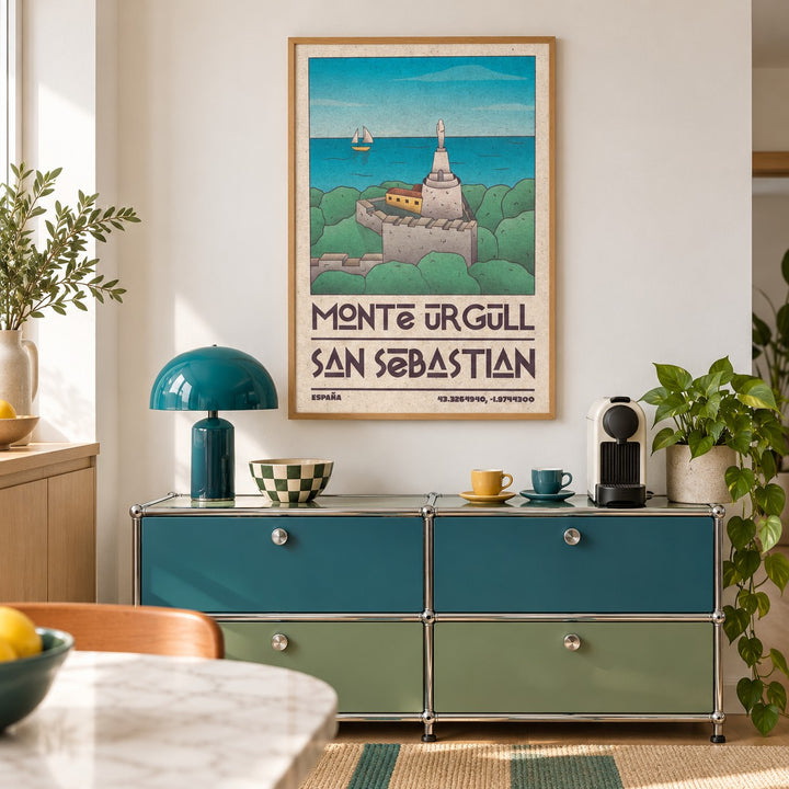 San Sebastian Art Print shown in a kitchen above a coffee station (frame not included)