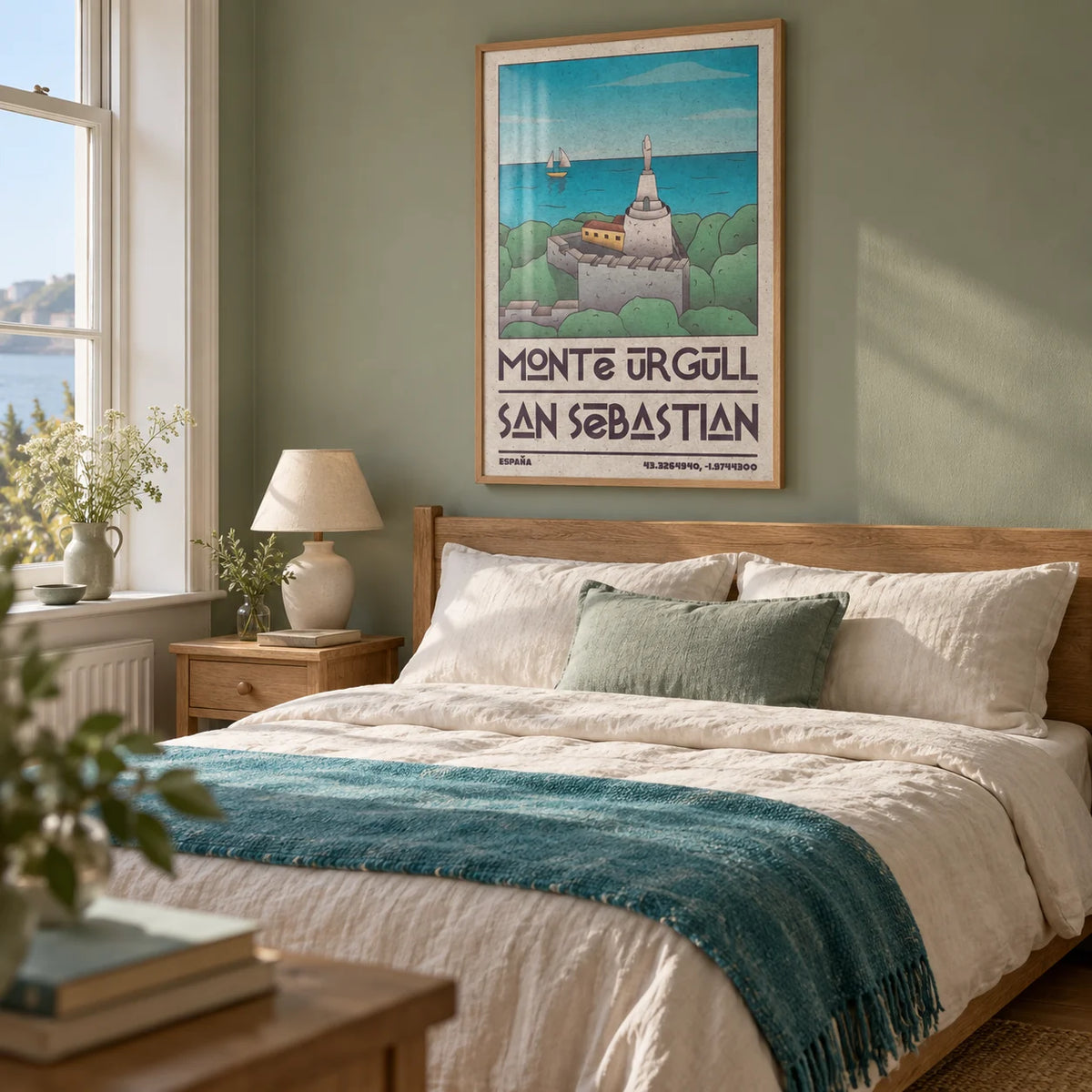 San Sebastian Art Print, framed on the wall of a relaxed bedroom in a characterful UK seaside home with a muted sage green wall and stripped wooden floorboards