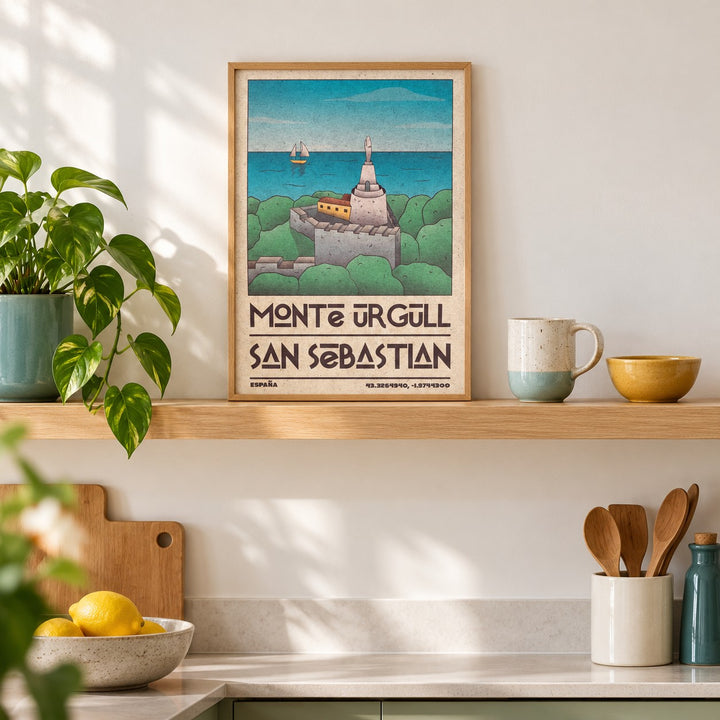 San Sebastian Art Print shown in the small A4 size on a kitchen shelf (frame not included)