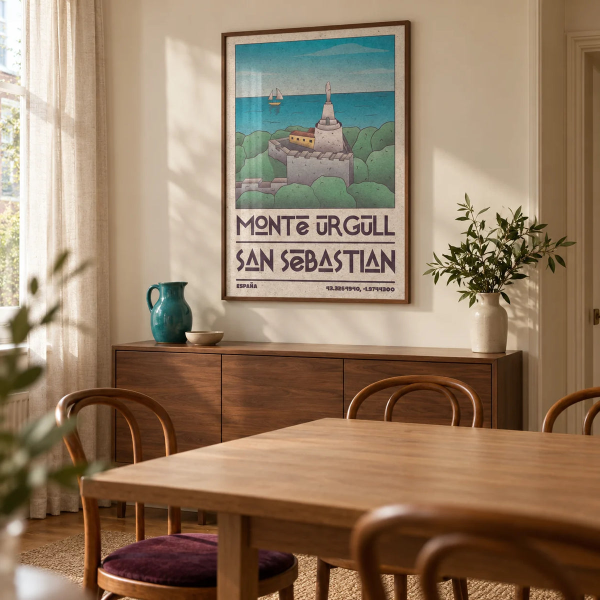 San Sebastian Art Print, framed on the wall of a warm dining room in a renovated UK terrace with cream walls