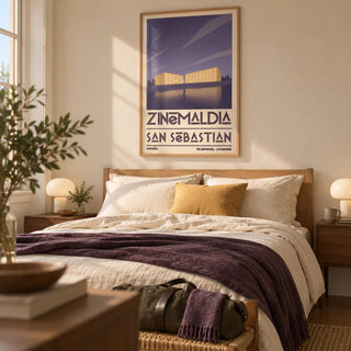 San Sebastian Wall Art, framed on the wall of a calm modern bedroom for a travel-loving couple in a UK flat with a warm cream wall and walnut bedside tables
