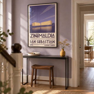 San Sebastian Wall Art, framed on the wall of a characterful entrance hallway in a renovated UK terrace with a muted lavender wall and warm timber floor