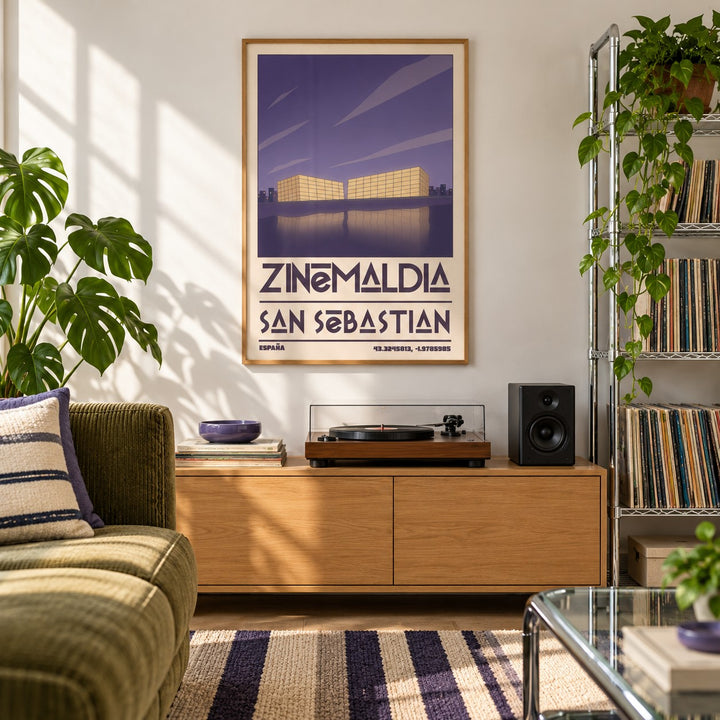 San Sebastian Wall Art shown in a city apartment record corner (frame not included)