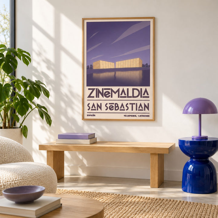San Sebastian Wall Art shown in a colourful minimalist living room with a bench (frame not included)
