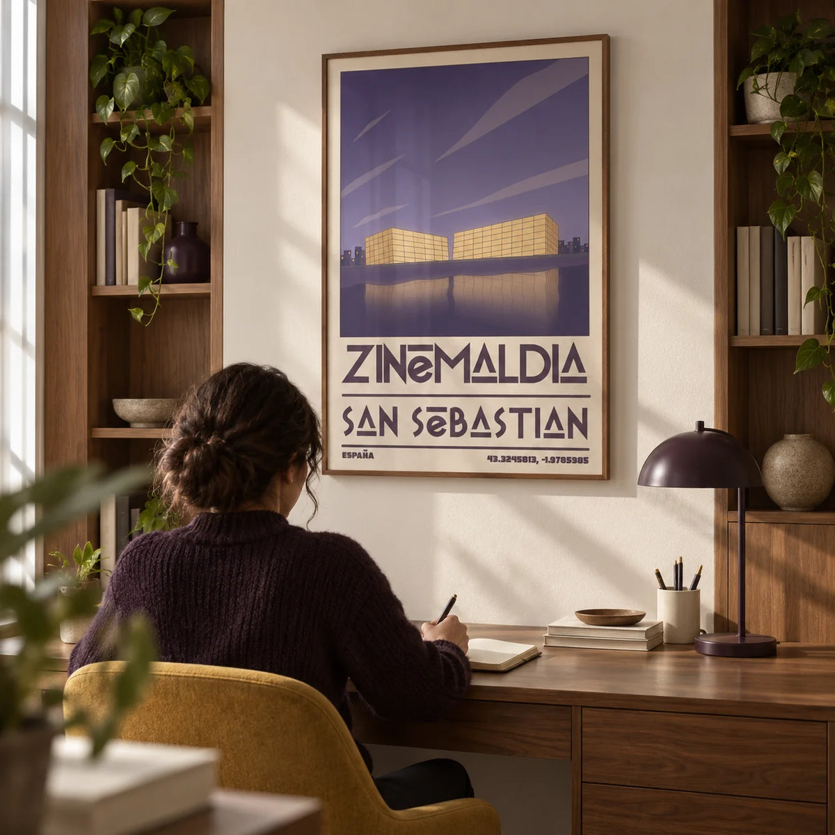 San Sebastian Wall Art, framed on the wall of a compact architectural study in a UK home with an off-white wall and built-in walnut shelves