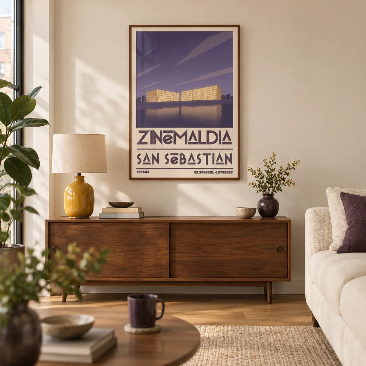 San Sebastian Wall Art, framed on the wall of a design-led living room in a UK city flat with a warm cream wall