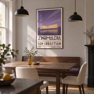 San Sebastian Wall Art, framed on the wall of a modern dining room in a Victorian terrace with pale grey plaster walls and simple black pendant lighting