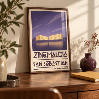 San Sebastian Wall Art, a small A4 framed print leaning on a walnut writing desk