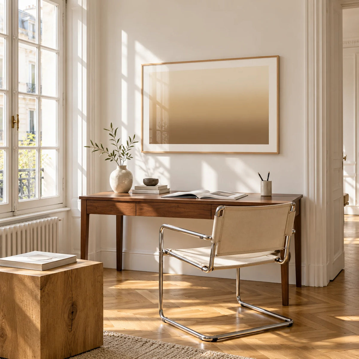 Sand Wall Art, framed on the wall of a bright study corner with a tall white paned window