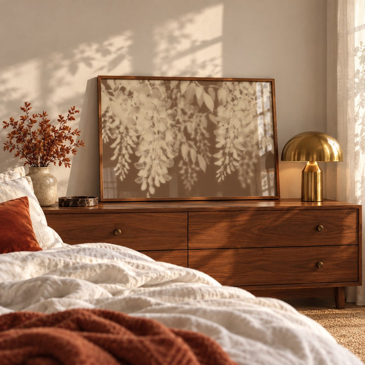 Sand Wisteria Print styled in a bedroom (frame not included)