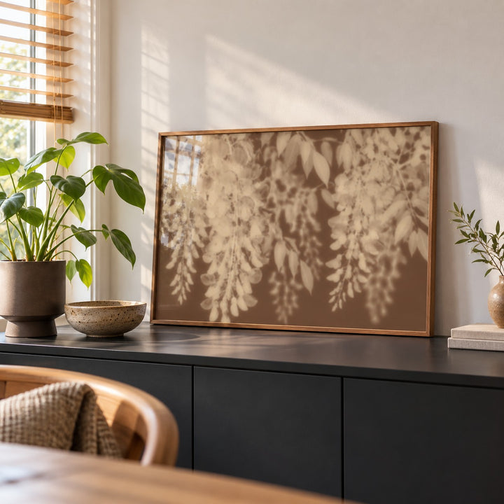 Sand Wisteria Print styled on a black sideboard (frame not included)