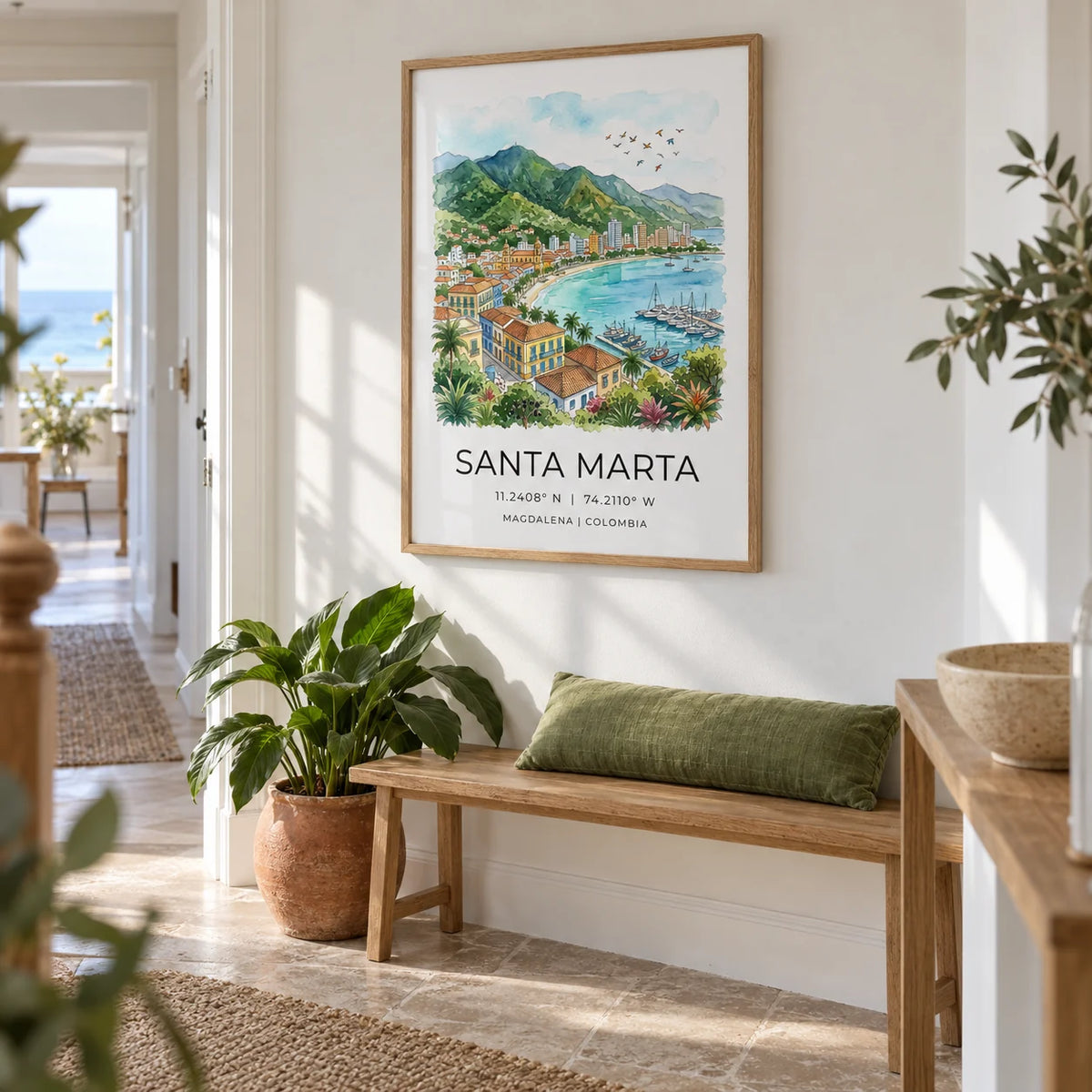 Santa Marta Art Print, framed on the wall of a bright hallway in a UK coastal terrace with chalky white walls and pale stone flooring