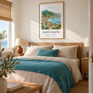 Santa Marta Art Print, framed on the wall of a peaceful main bedroom in a UK seaside home with warm white walls and natural woven blinds