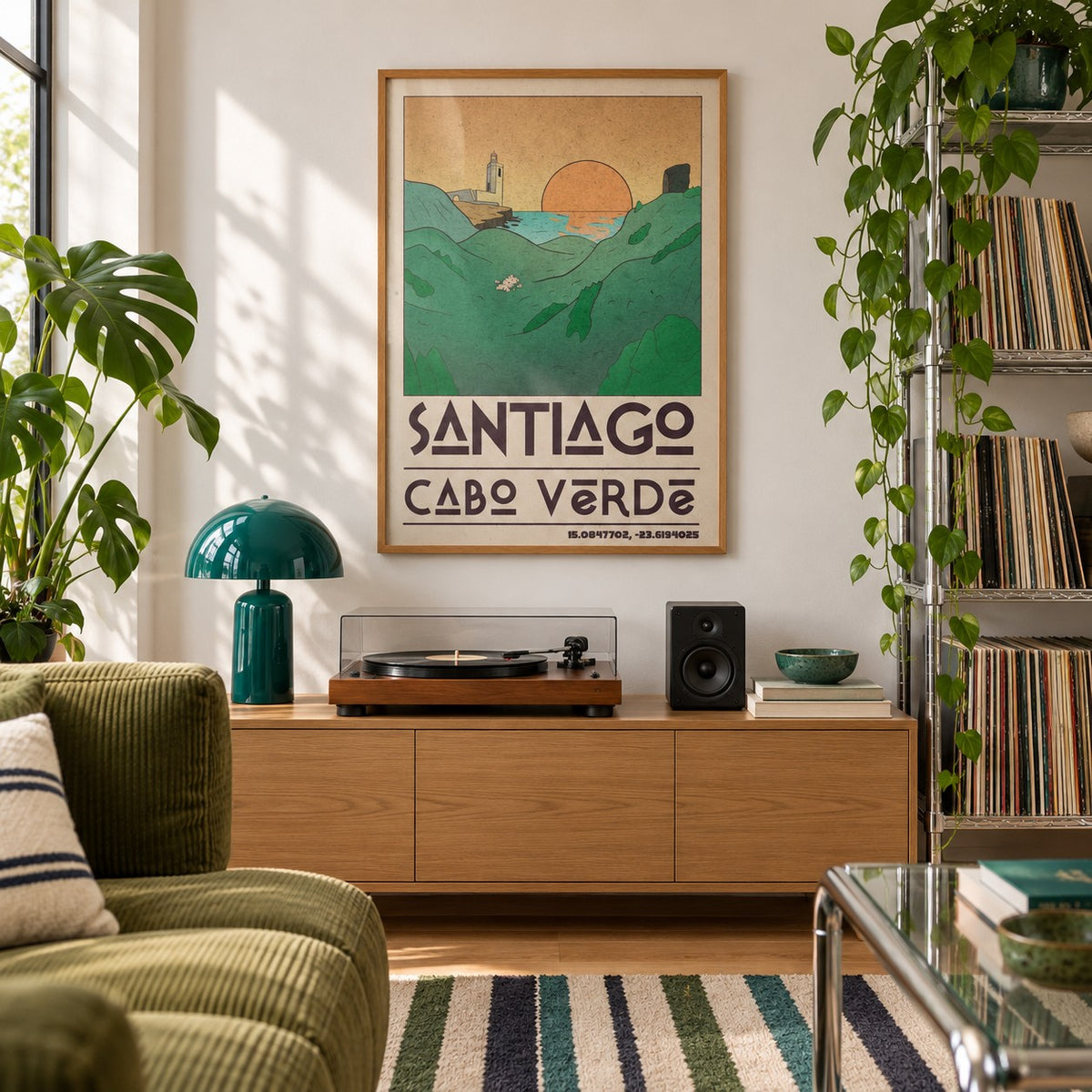 Santiago Cabo Verde Art Print shown in a city apartment record corner (frame not included)