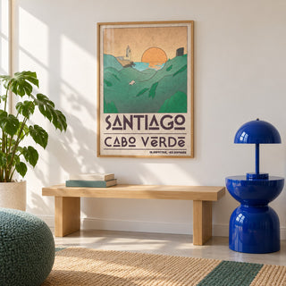 Santiago Cabo Verde Art Print shown in a colourful minimalist living room with a bench (frame not included)
